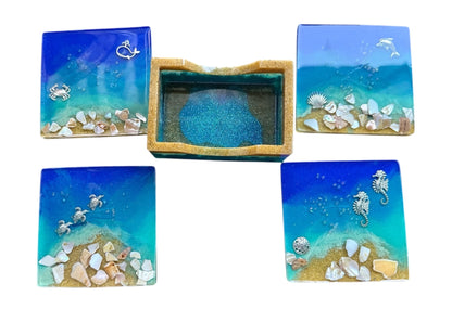 Coastal Resin Coaster Set – with Holder (Set of 4)