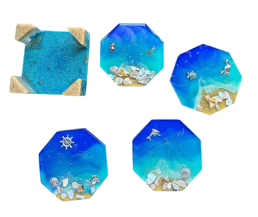 Coastal Resin Coaster Set – with Holder (Set of 4)